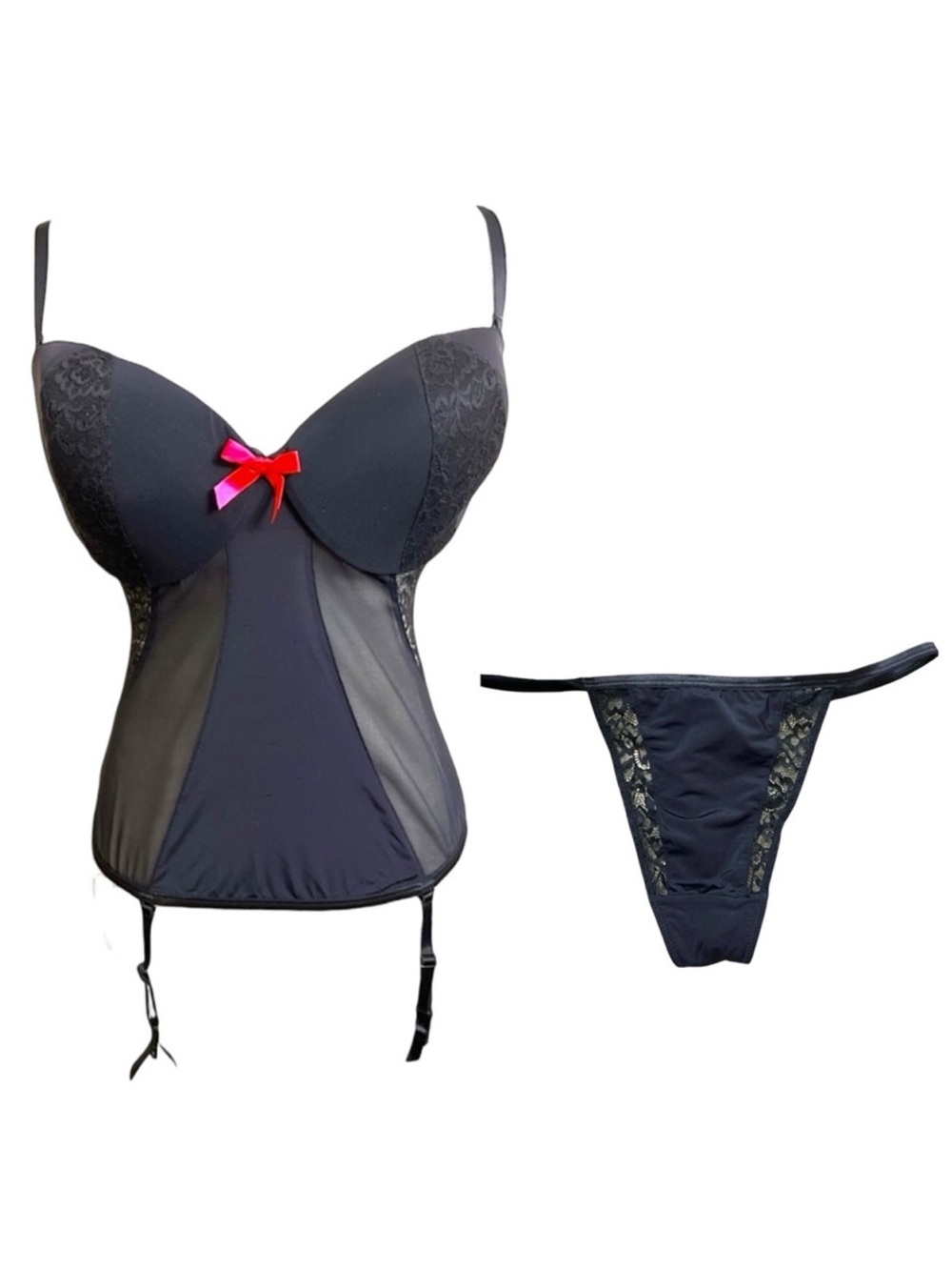 Adore Me Women's Black Corset 38D & thong large hot  pink bows NWT